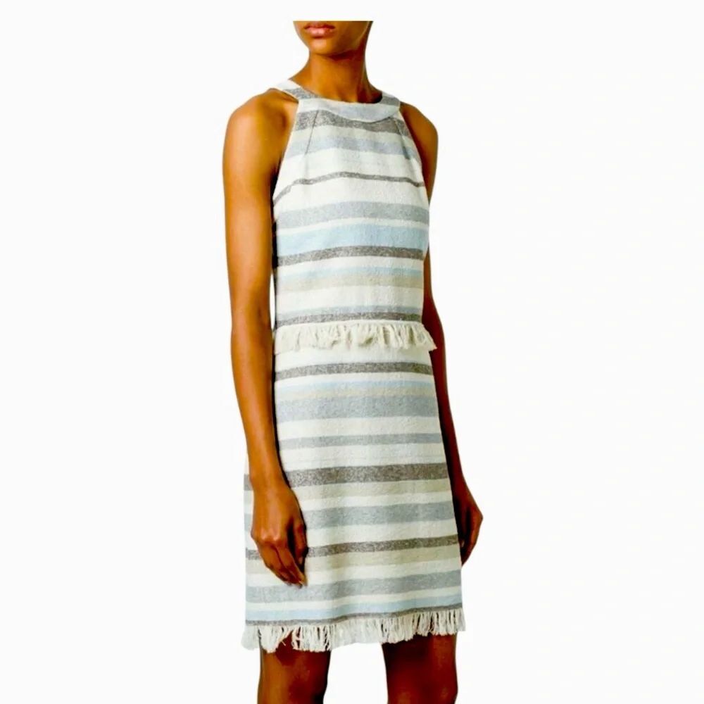 Tory Burch Jane Stripe Woven Light Blue Fringe Sleeveless Summer Dress Sz 4